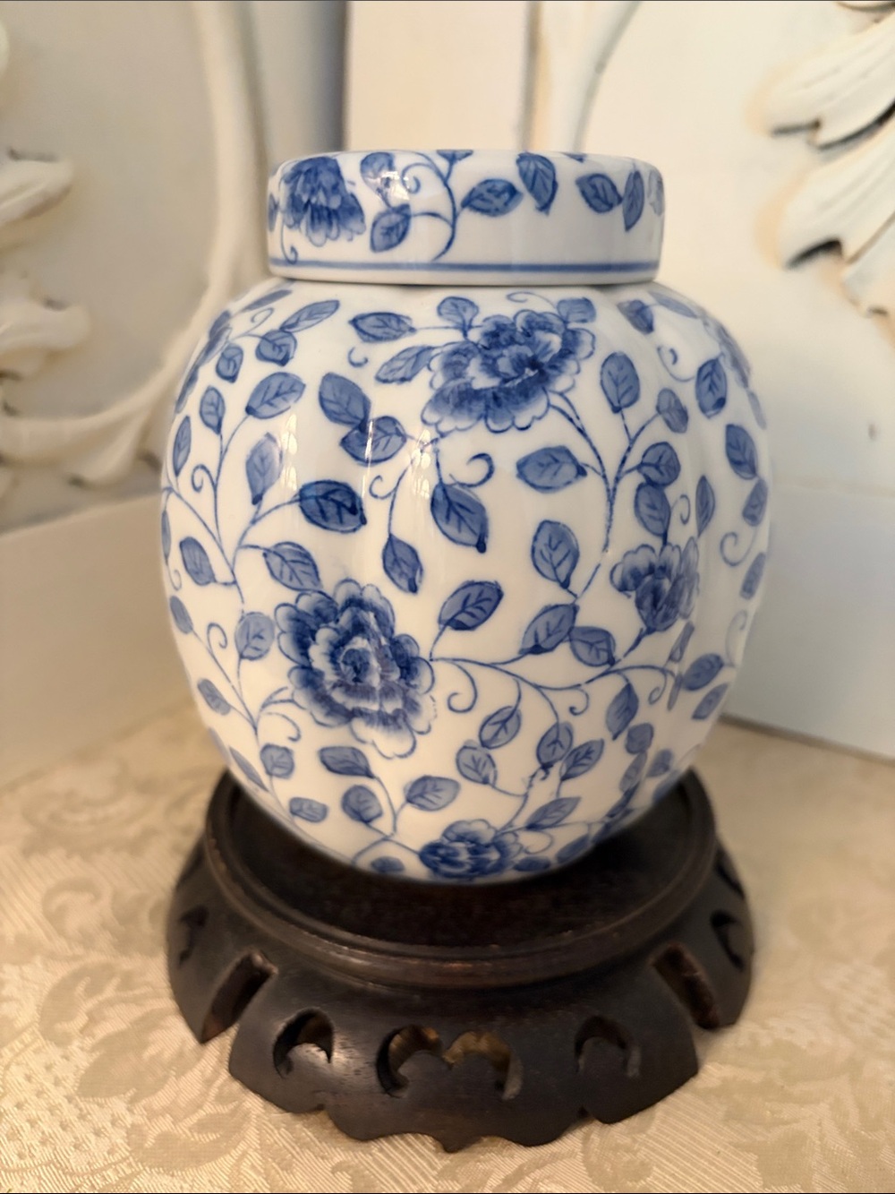 Blue and White Floral Ceramic Ginger Jar - Classic Home Accent with stand